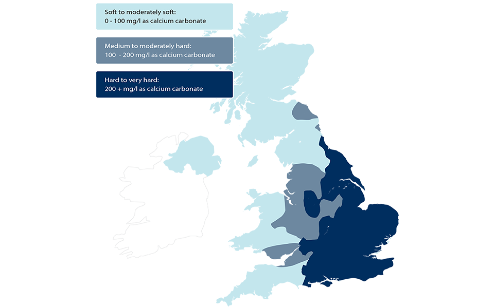 map of UK showing water hardness levels