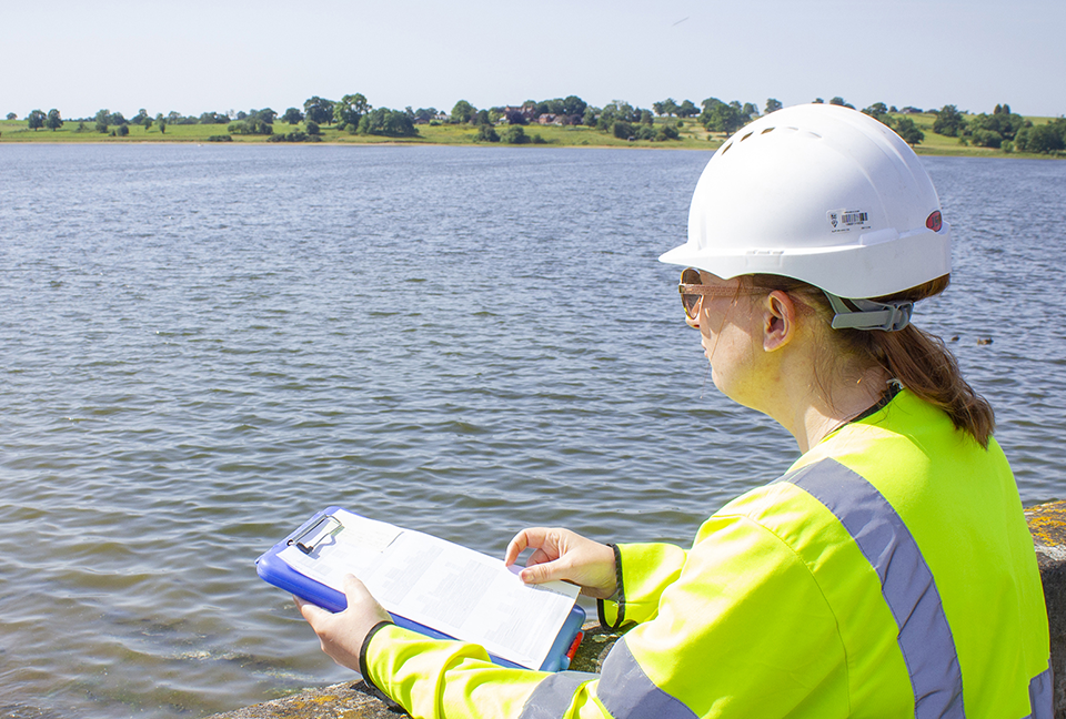 image of a worker surveying a reservoir