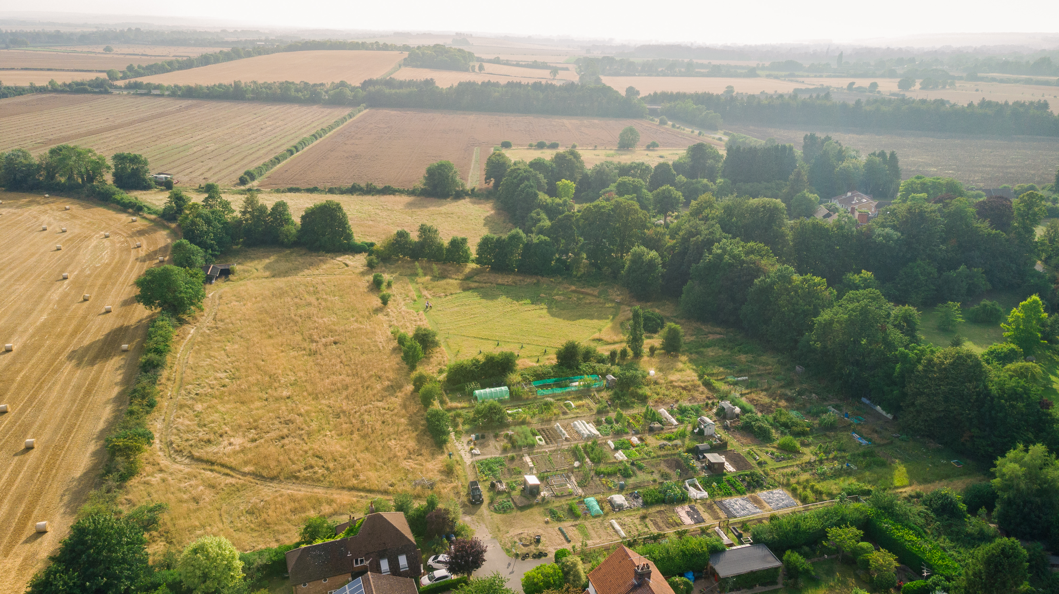 Drone image of Little Shelford community orchard and woodland project