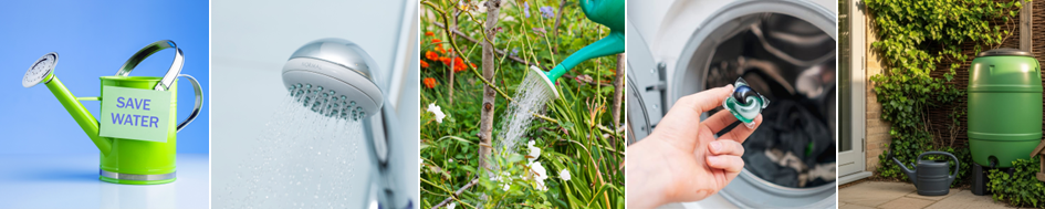 Water saving images including a shower head, a watering can, full washing machine and water butt