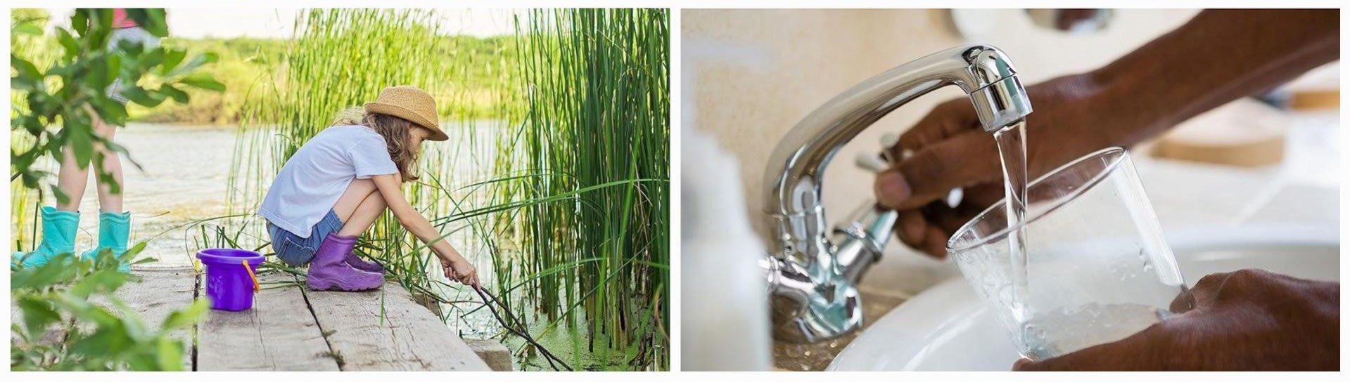 Photos of girl pond dipping and someone filling a glass of water from a tap