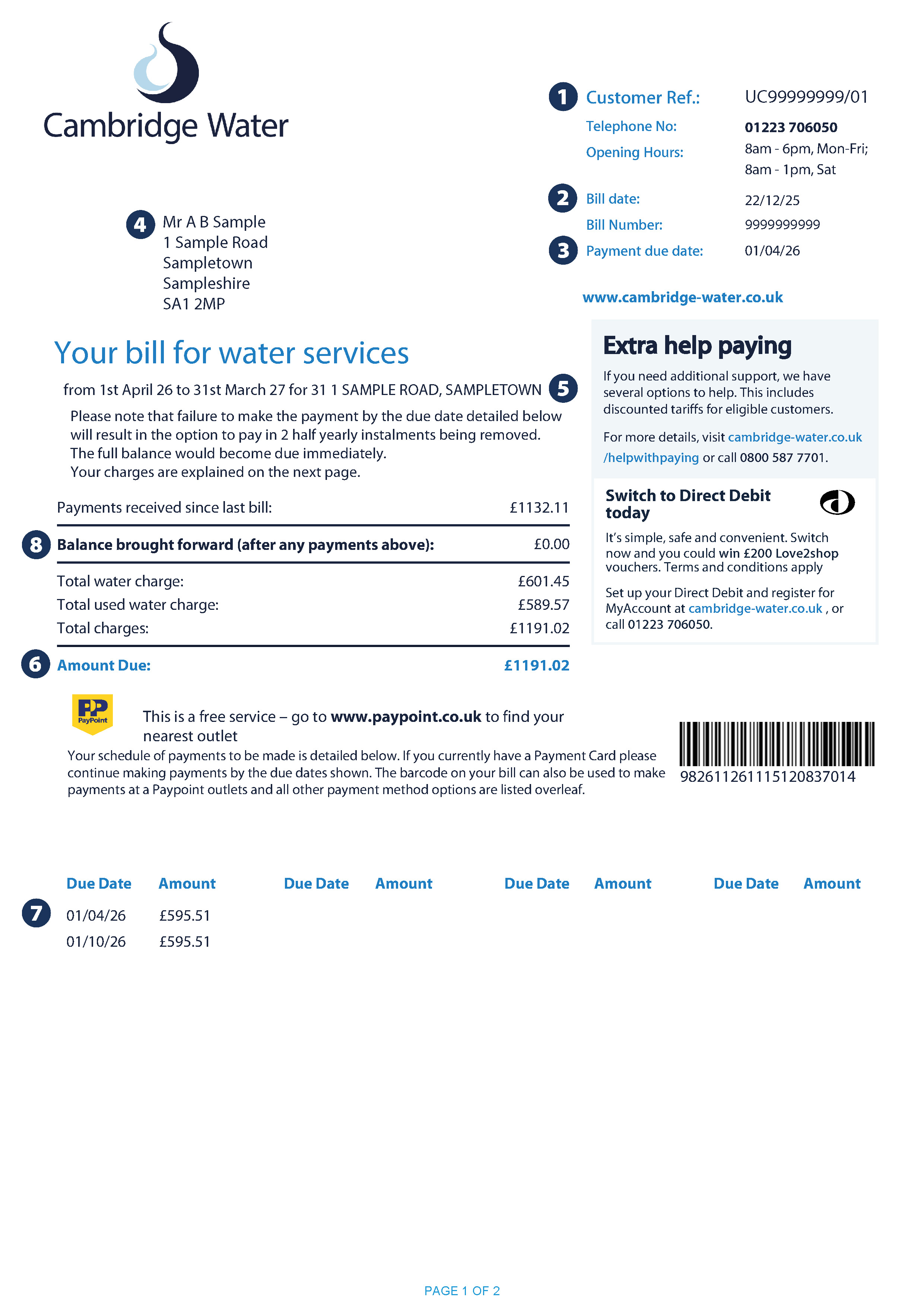 Example of page 1 of an unmeasured bill for a Cambridge Water customer